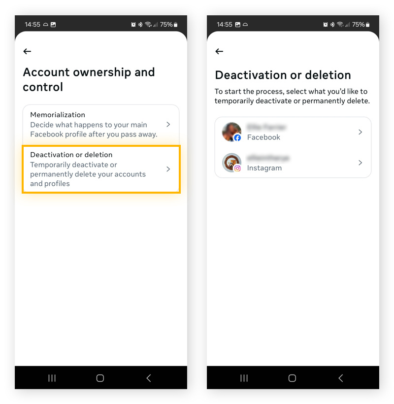 delet or deactivate facebook account via phone app